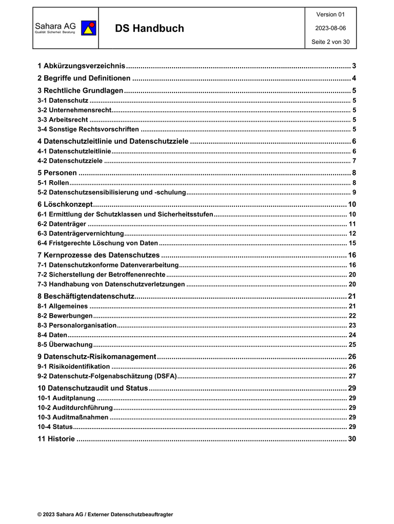 Inhaltsverzeichnis Datenschutz Handbuch PDF-Datei zum Download