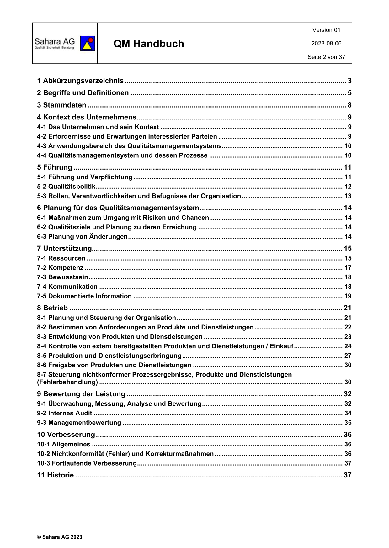 Inhaltsverzeichnis QMS nach Gliederung DIN EN ISO 9001:2015 PDF-Datei zum Download